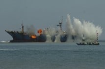 Indonesian Navy and the Ministry of Maritime Affairs and Fisheries blow up the fishing vessel the MV Viking in the waters of Tanjung Batumandi, Pangandaran, West Java,