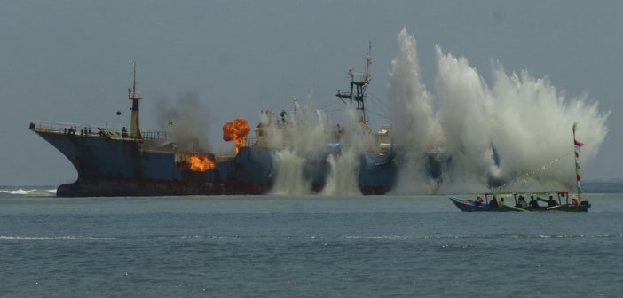 Indonesian Navy and the Ministry of Maritime Affairs and Fisheries blow up the fishing vessel the MV Viking in the waters of Tanjung Batumandi, Pangandaran, West Java,