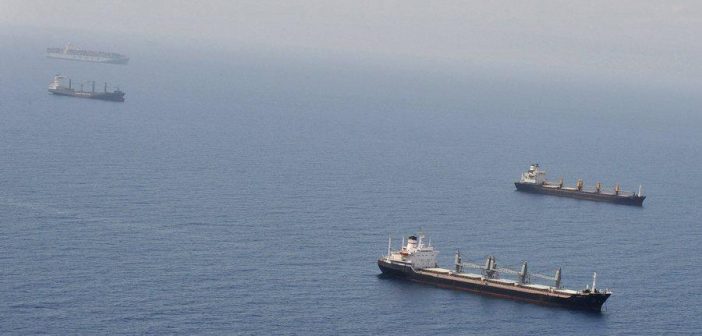Shipping vessels seen off the Djibouti coast line in the Gulf of Aden
