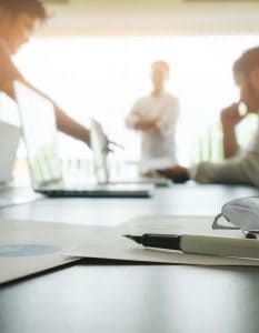 Business concept with copy space. Office desk table with pen foc