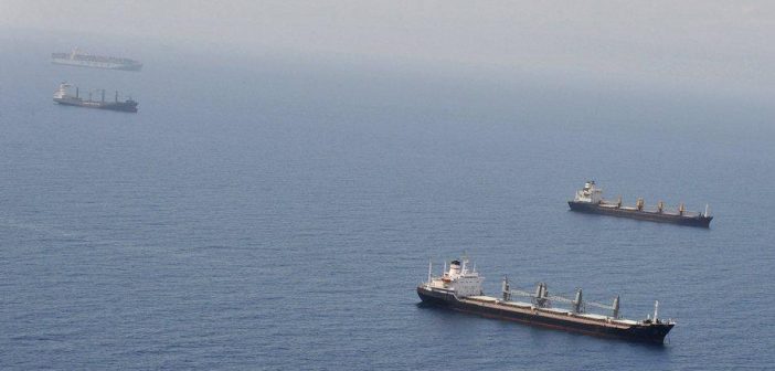 Shipping vessels seen off the Djibouti coast line in the Gulf of Aden