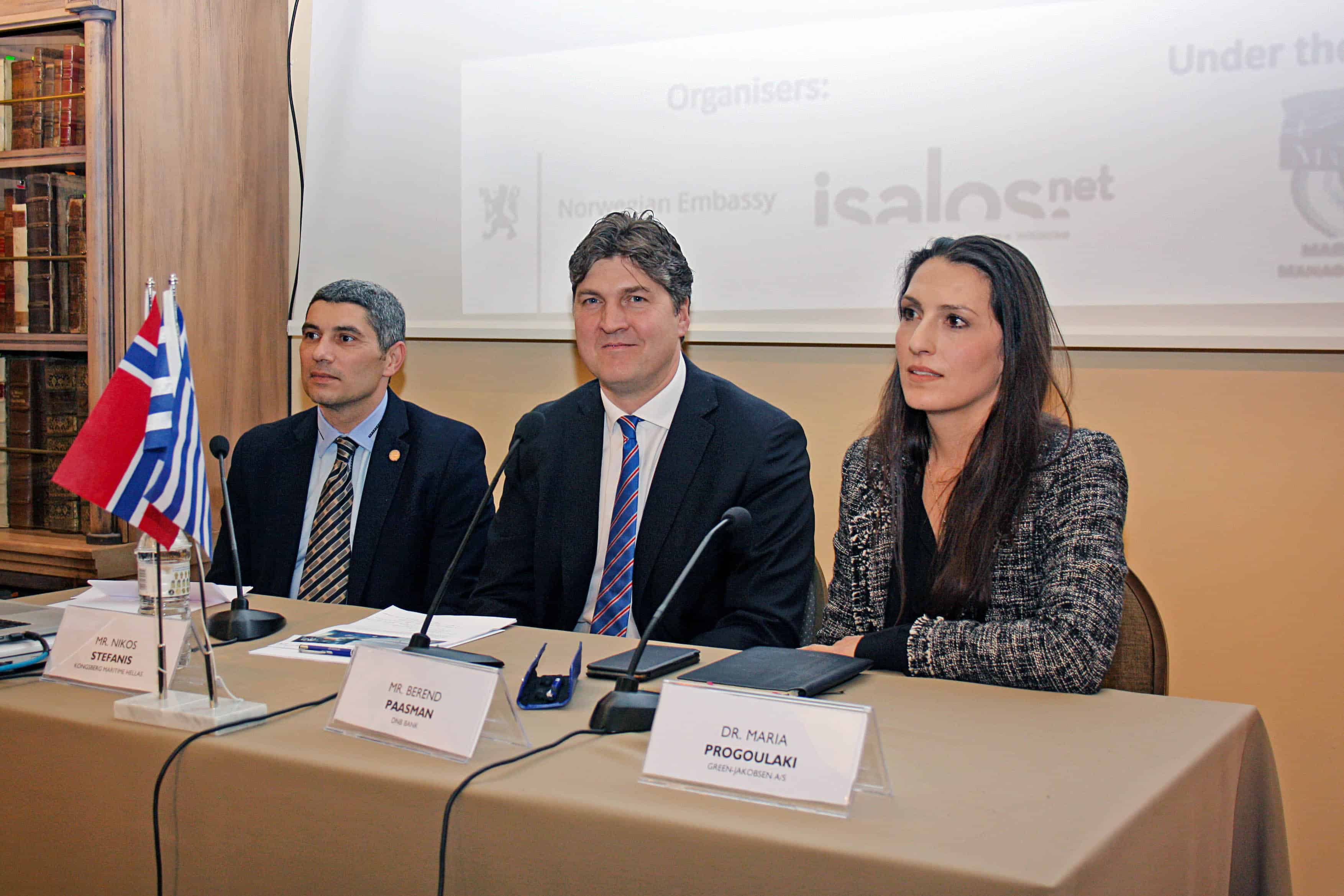 Snapshot of the 2nd Panel on the topic of “Investing in human capital: how do Norwegian companies maintain their competitive advantage?”. (L-R): Mr. Nikos Stefanis, Key Support Manager, Kongsberg Maritime Hellas, Mr. Berend Paasman, Head of Athens Rep. Office, DNB Bank, and Dr. Maria Progoulaki, Regional Representative, Senior Consultant at Green-Jakobsen A/S