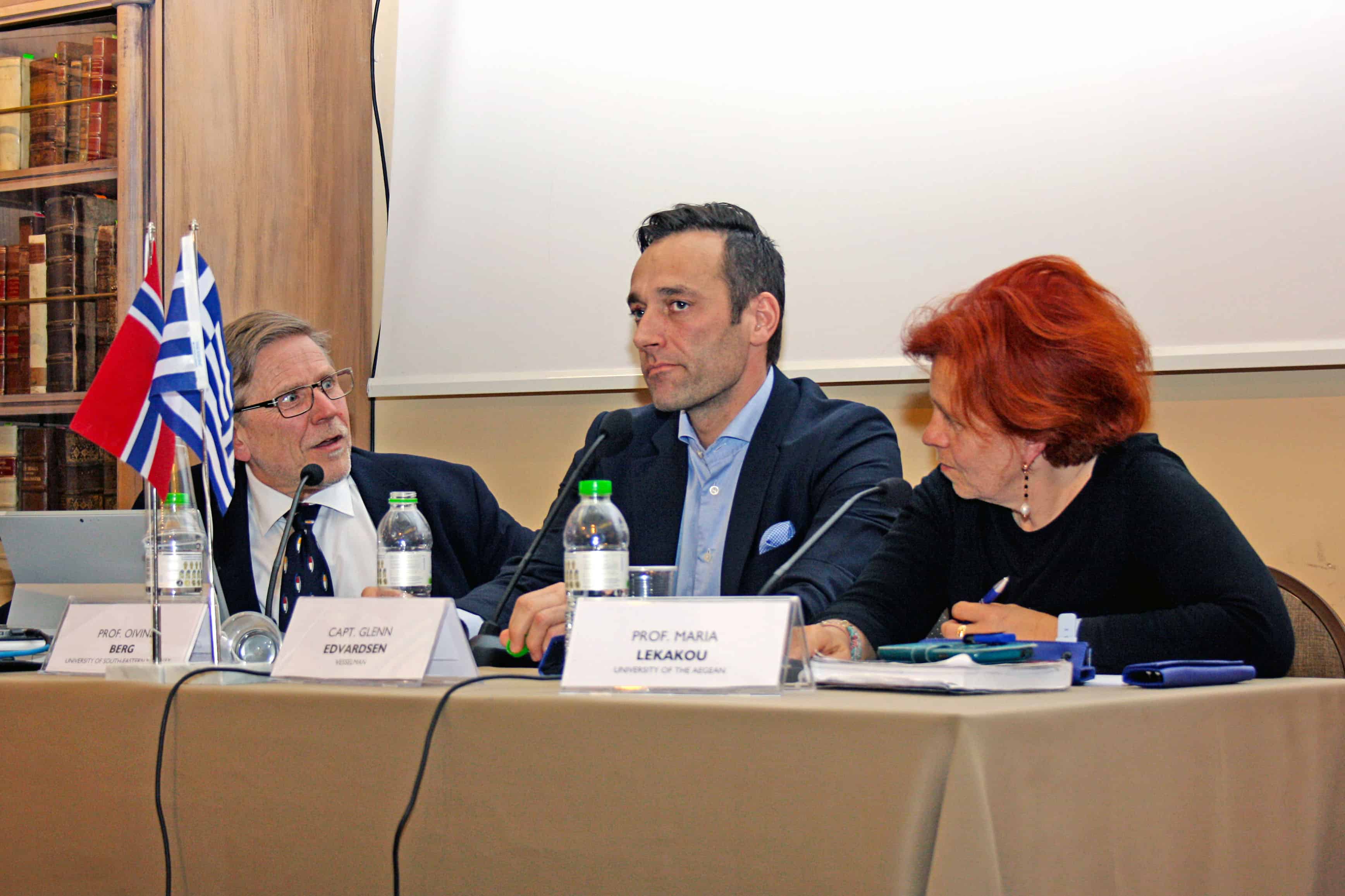 Snapshot of the 1st Panel on the topic of “Innovation in Marine and Maritime education: what lies ahead?”. (L-R): Prof. Øivind Berg, Program Director, Dpt. of Maritime Operations, University of South-Eastern Norway, Capt. Glenn Edvardsen, Chief Executive Officer, Vesselman, Prof. Maria Lekakou, Dean of the School of Business, University of the Aegean