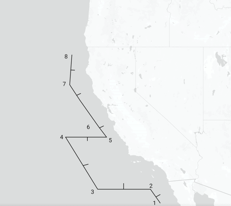 Εικόνα 1: Χάρτης ακτογραμμής Καλιφόρνια με τα όρια προσέγγισης των πλοίων