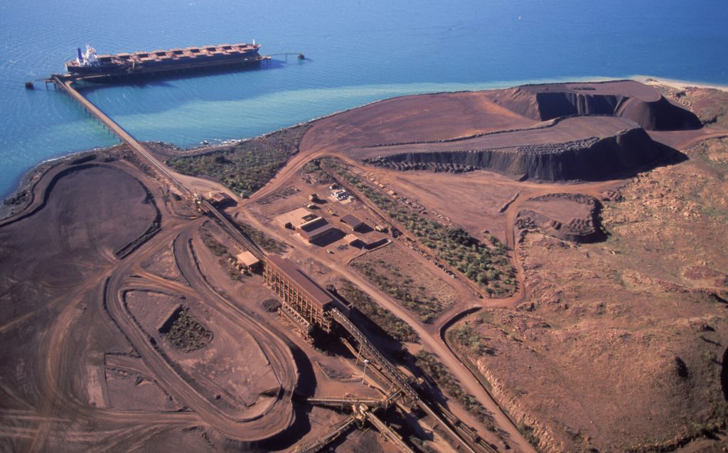 Aerial photograph of iron ore field on the water